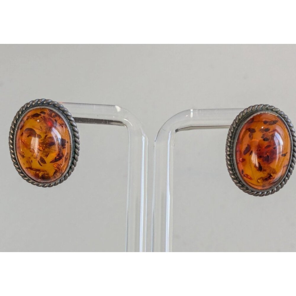 Sterling Silver 925 Amber Oval Stud Earrings Retro Chic Jewelry